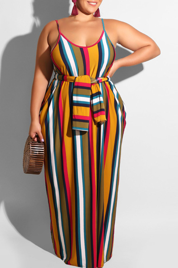 

Lovely Casual Striped Yelllow Maxi Plus Size Dress, Yellow