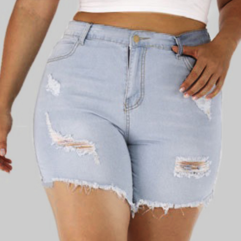 

Lovely Casual Broken Holes Baby Blue Plus Size Shorts