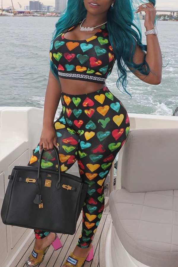 

Lovely Casual Heart Print Black Two-piece Pants Set