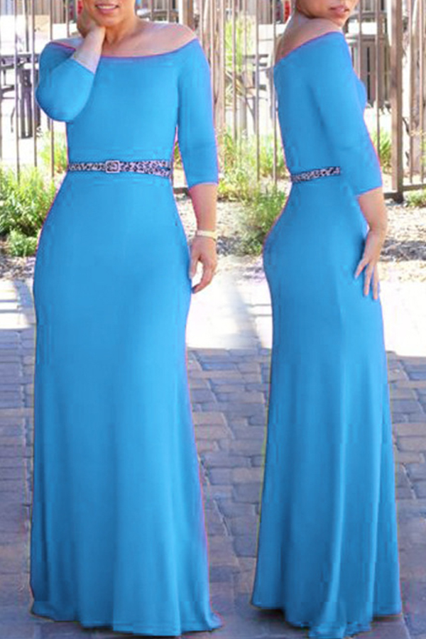 

Lovely Bohemian Dew Shoulder Baby Blue Maxi Dress