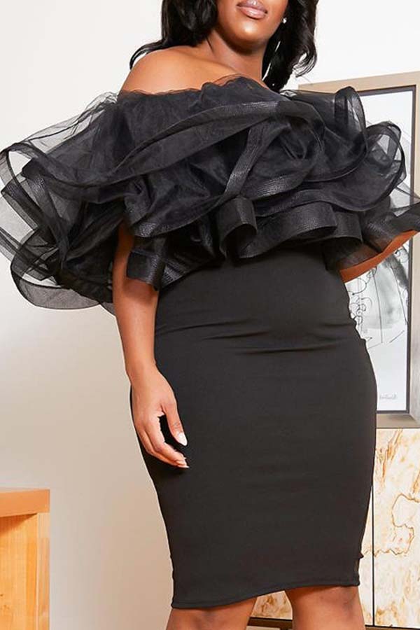 

Lovely Trendy Patchwork Black Knee Length Plus Size Dress