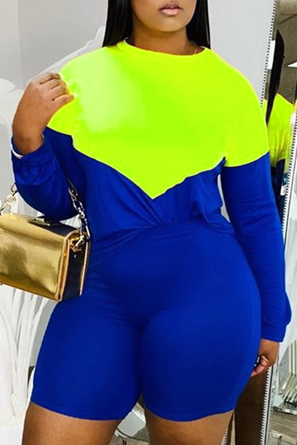 

Lovely Casual Patchwork Blue Plus Size Two-piece Shorts Set
