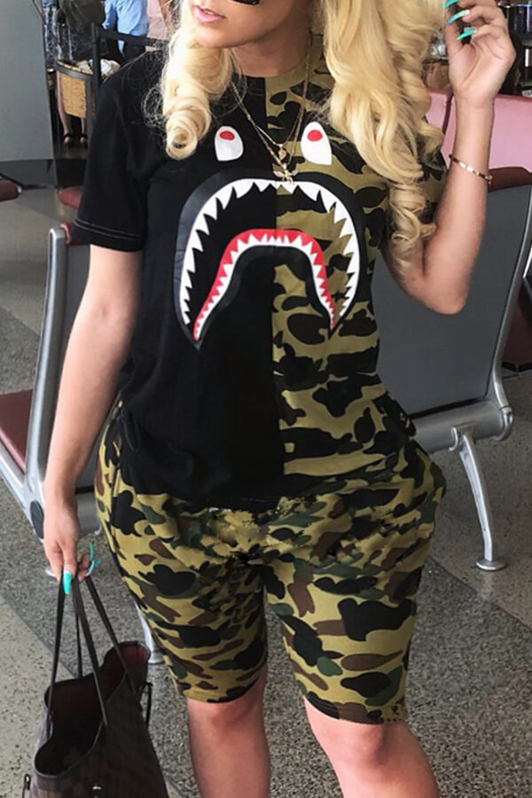 LW Plus Size Cartoon Camo Print Shorts Set