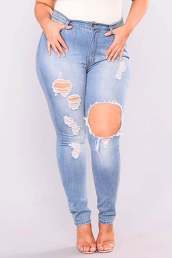 

Lovely Casual Hollow-out Blue Plus Size Jeans