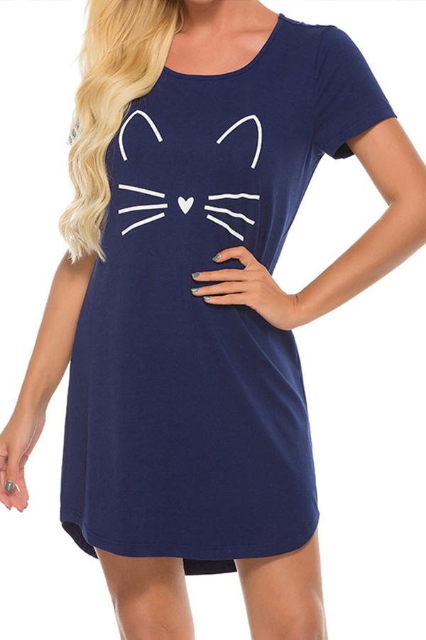 

Lovely Casual Cartoon Print Navy Blue Loungewear