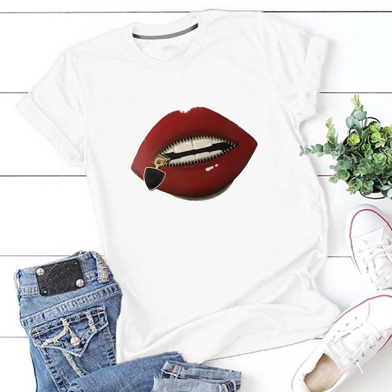 

Lovely Casual Lip Print White Plus Size T-shirt