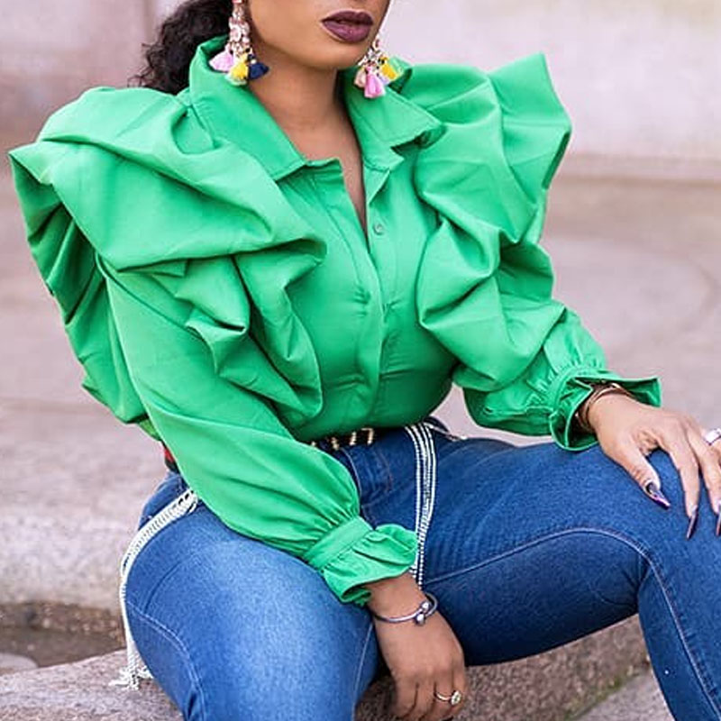 

Lovely Trendy Flounce Design Green Blouse
