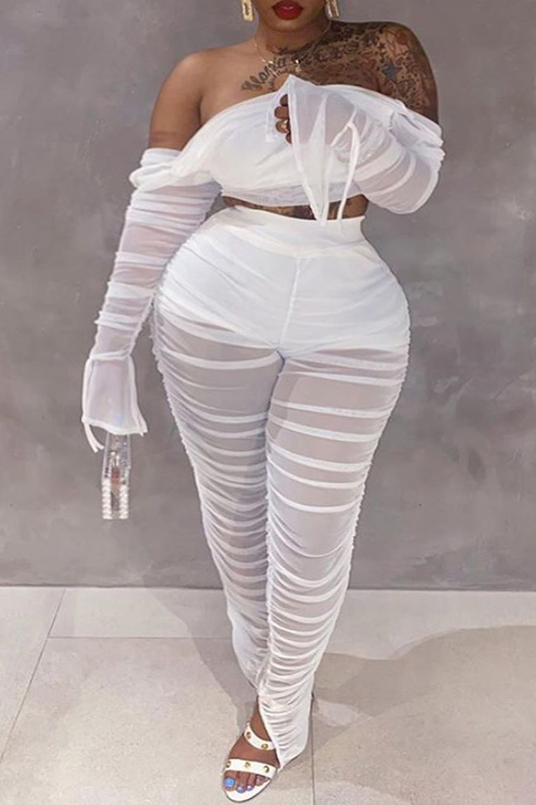 

Lovely Sexy Fold Design White Plus Size Two-piece Pants Set
