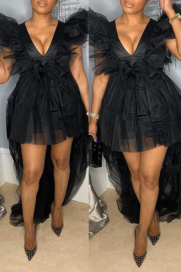 

Lovely Trendy See-through Patchwork Black Maxi Dress
