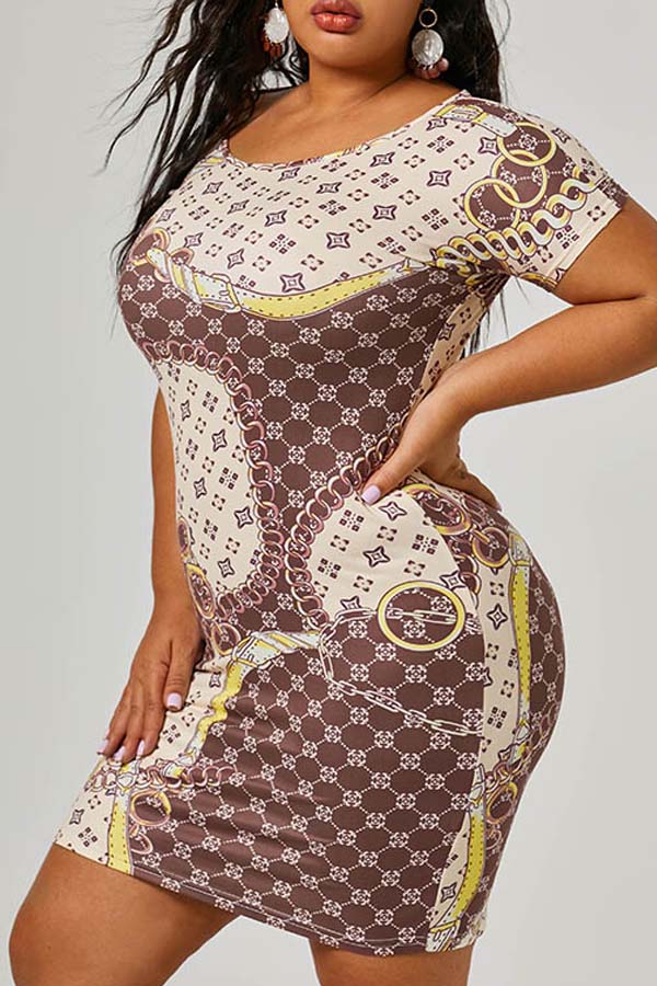 

Lovely Casual Print Apricot Mini Plus Size Dress