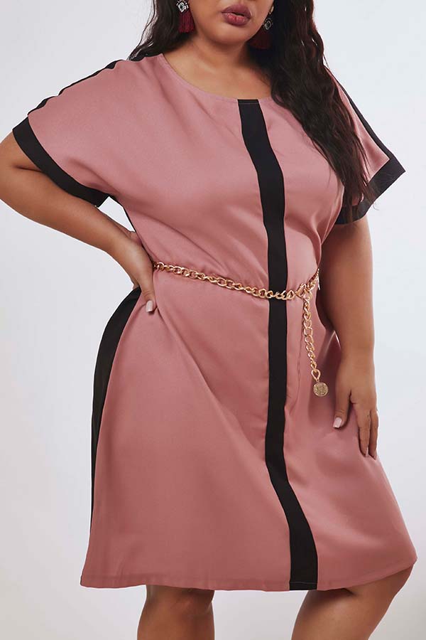 

Lovely Casual O Neck Patchwork Pink Knee Length Plus Size Dress