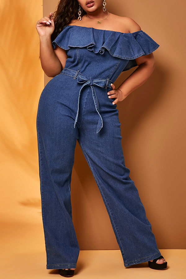 

Lovely Trendy Flounce Design Deep Blue Plus Size One-piece Jumpsuit
