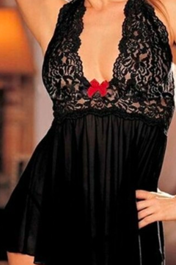 

Lovely Sexy Lace Patchwork Black Plus Size Babydolls