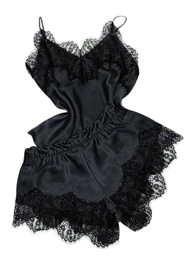 

Lovely Sexy Lace Hem Black Sleepwear