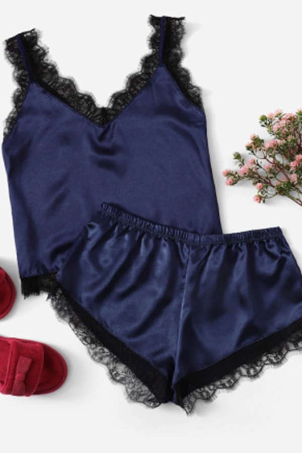 

Lovely Sexy Lace Hem Blue Sleepwear