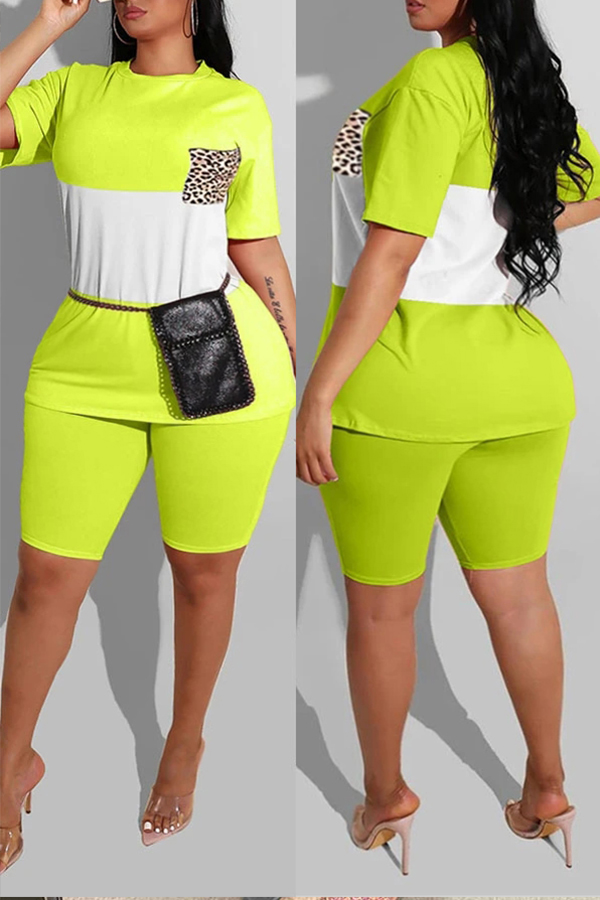 

Lovely Casual Patchwork Yellow Plus Size Two-piece Shorts Set