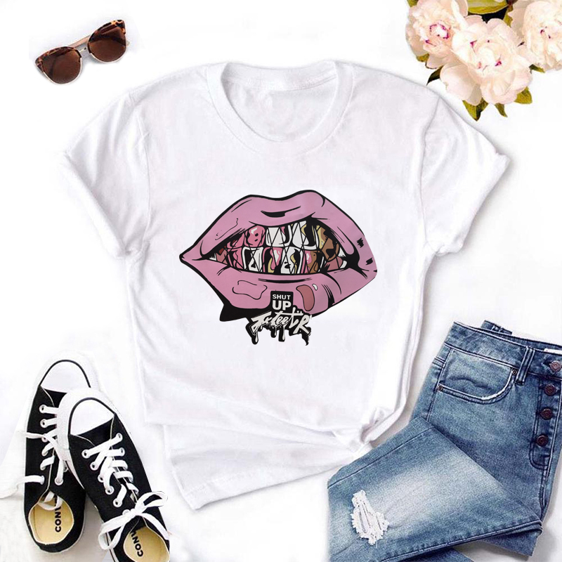 

Lovely Leisure O Neck Lip Print White T-shirt