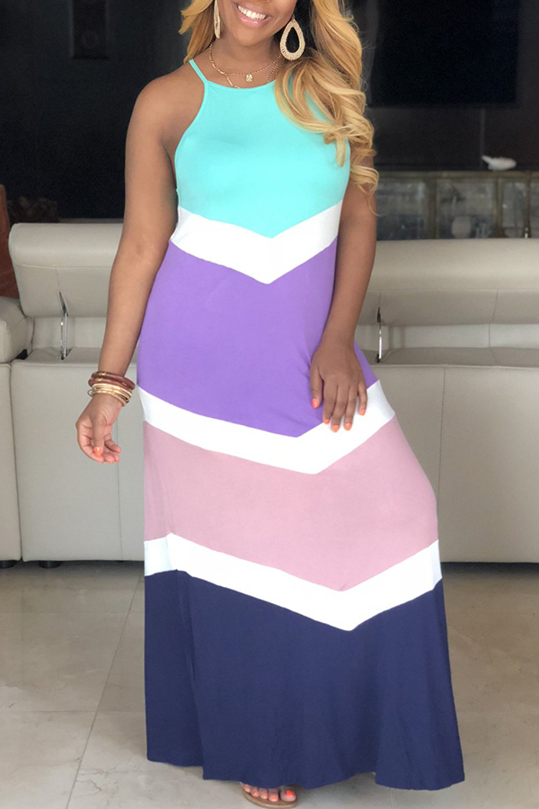 

Lovely Casual Color-lump Patchwork Blue Ankle Length Dress