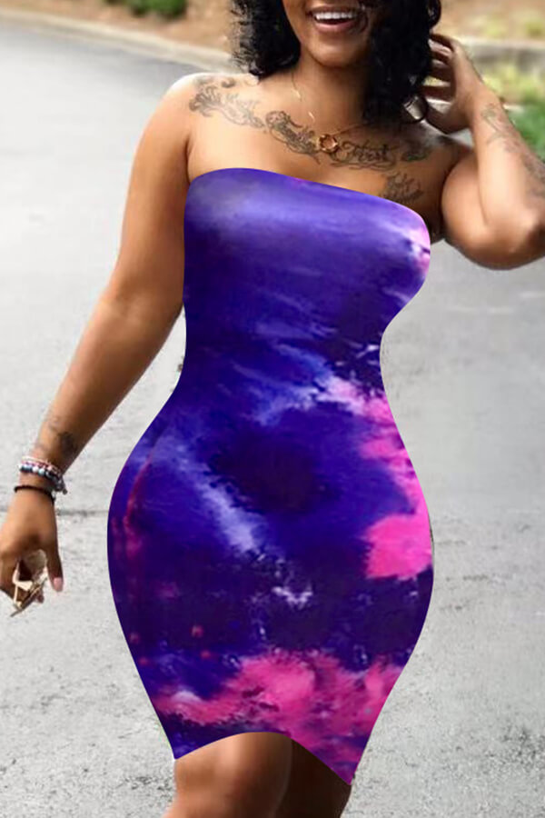 

LW Sexy Dew Shoulder Tie-dye Purple Knee Length Dress