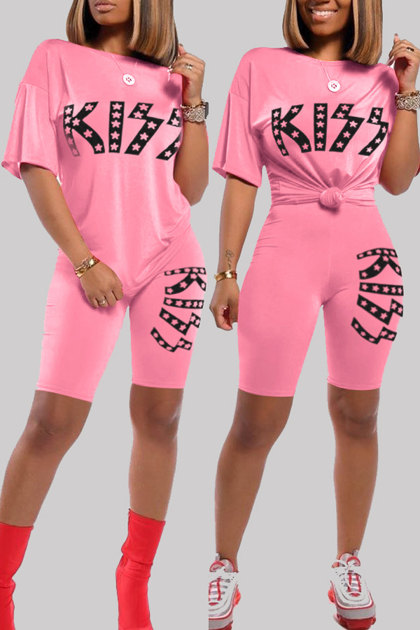 

Lovely Sportswear Letter Print Pink Two-piece Shorts Set