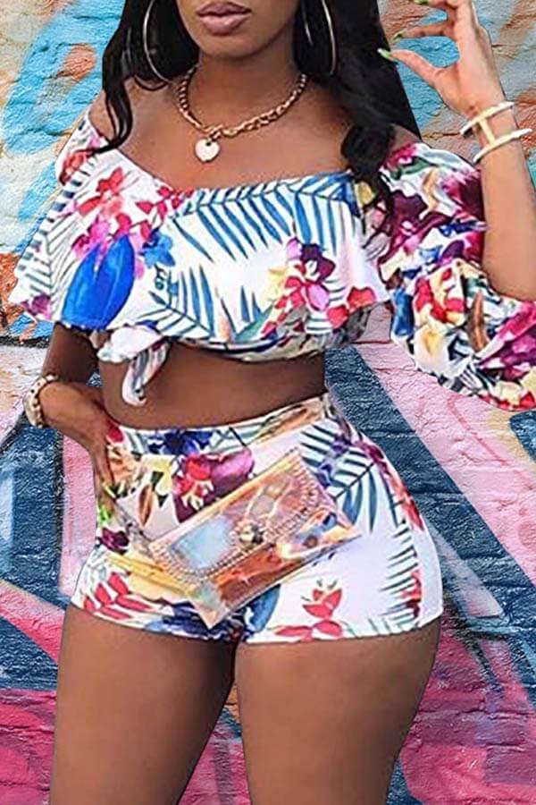 LW Bohemian Plants Print White Two-piece Shorts Set