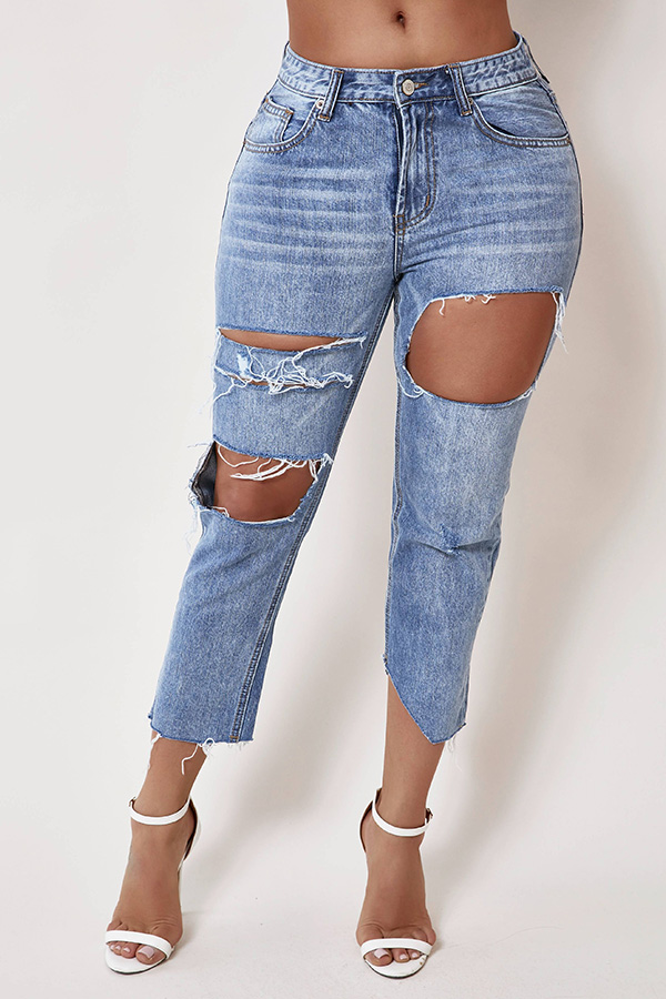 

Lovely Trendy Hollow-out Blue Jeans