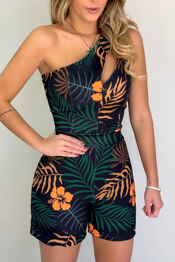 

Lovely Trendy One Shoulder Plants Print Black One-piece Romper