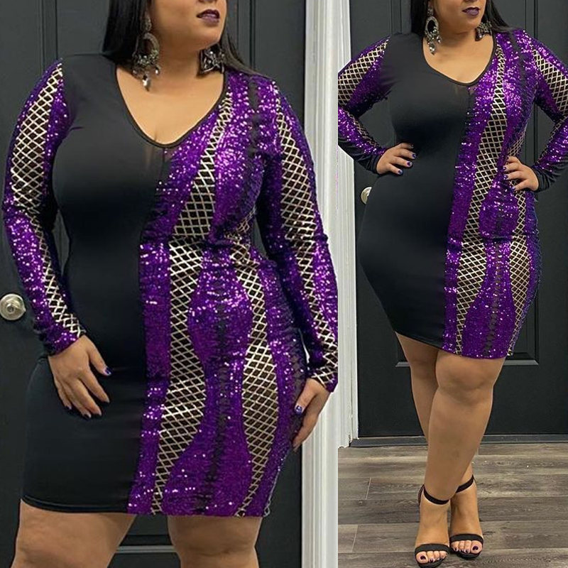 

Lovely Casual Patchwork Purple Mini Plus Size Dress