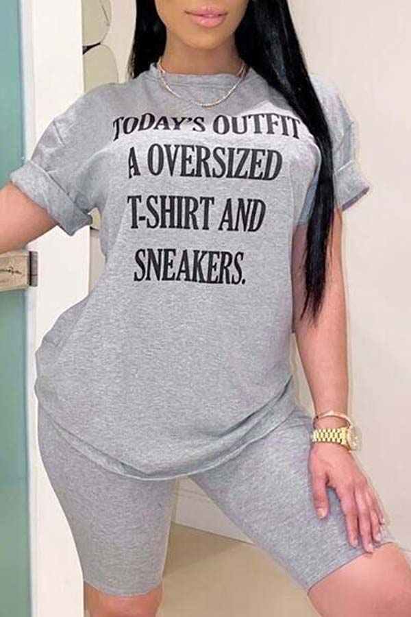

Lovely Casual Letter Print Grey Two-piece Shorts Set