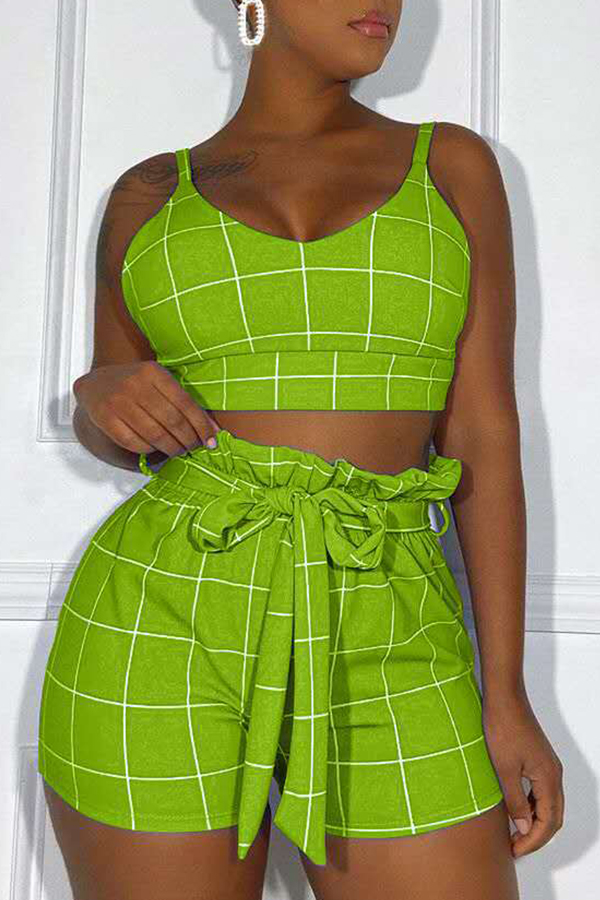 

Lovely Casual Grid Green Two-piece Shorts Set