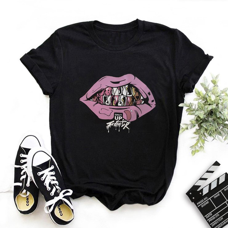 

Lovely Leisure O Neck Lip Print Black T-shirt