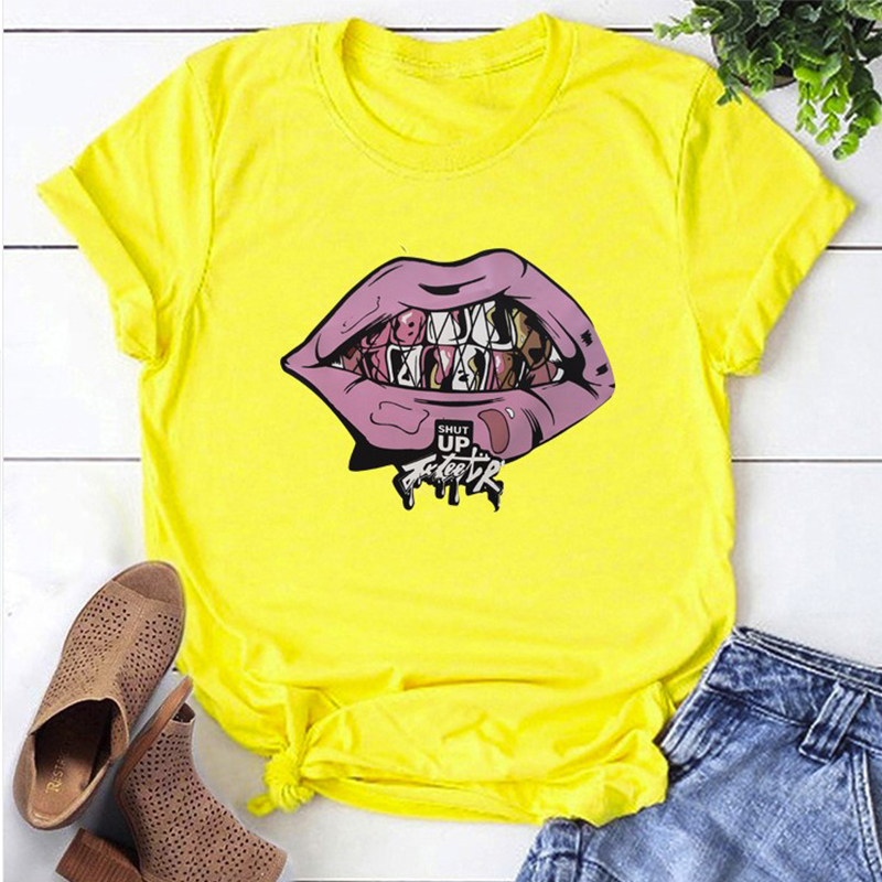 

Lovely Leisure O Neck Lip Print Yellow T-shirt