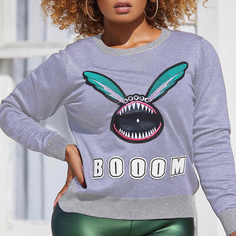Lovely Casual O Neck Print Grey Plus Size Hoodie