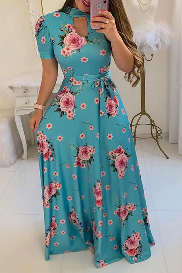 

Lovely Stylish Floral Print Blue Maxi Plus Size Dress