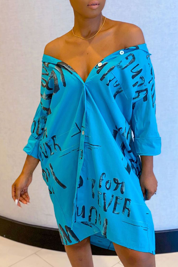 

Lovely Casual Letter Print Blue Mid Calf Plus Size Dress