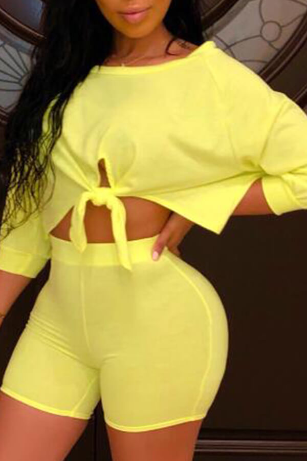 

Lovely Leisure Basic Yellow Two-piece Shorts Set