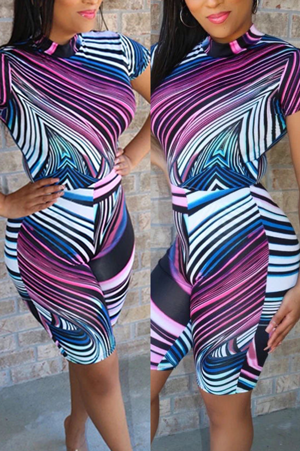 

Lovely Casual Striped Print Purple Two-piece Shorts Set