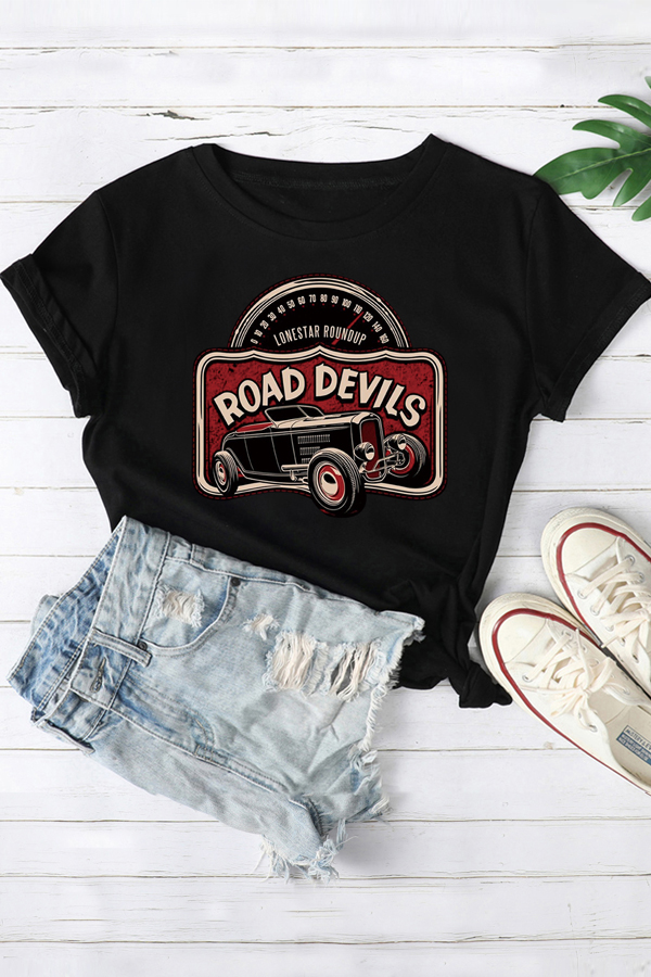 Lovely Leisure O Neck Print Black T-shirt
