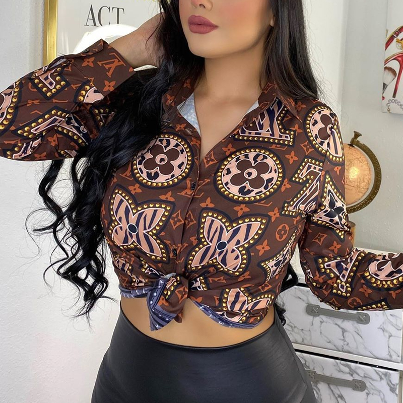 

Lovely Sweet Print Brown Blouse