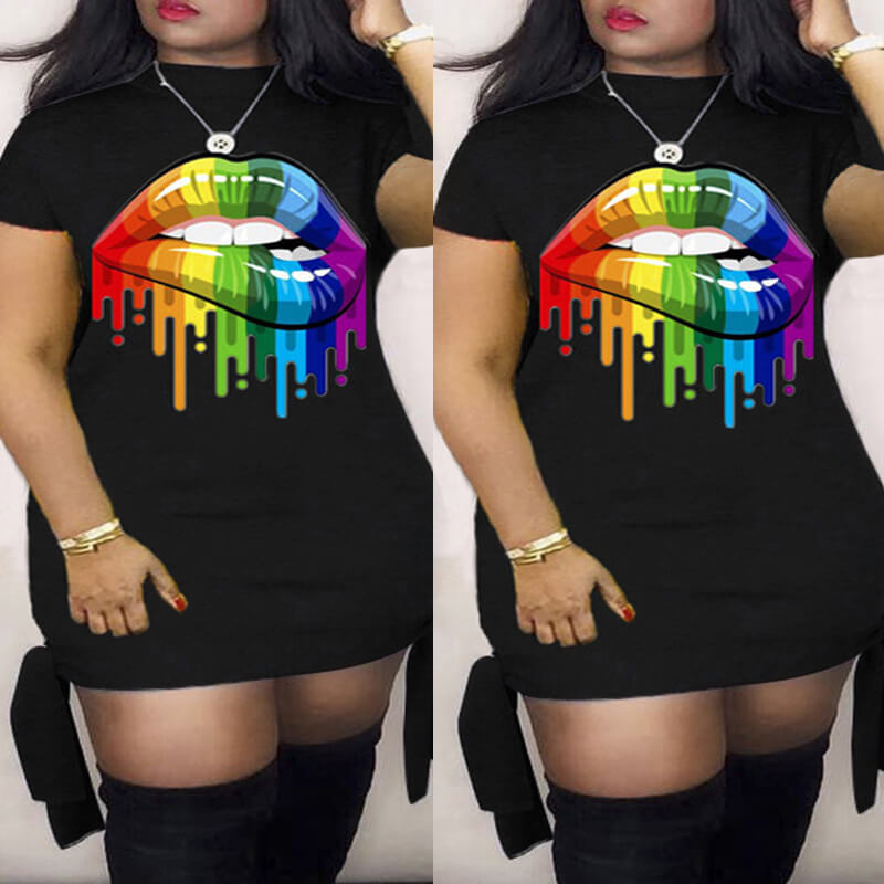 

Lovely Plus Size Casual Lip Print Black Mini Dress