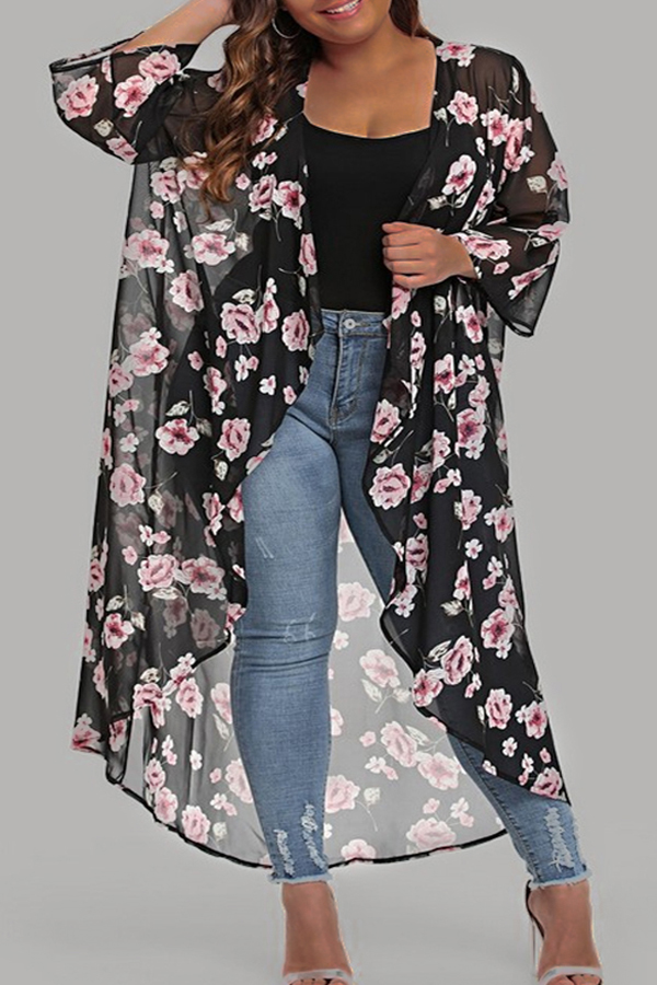 

Lovely Floral Print Black Plus Size Cover-up