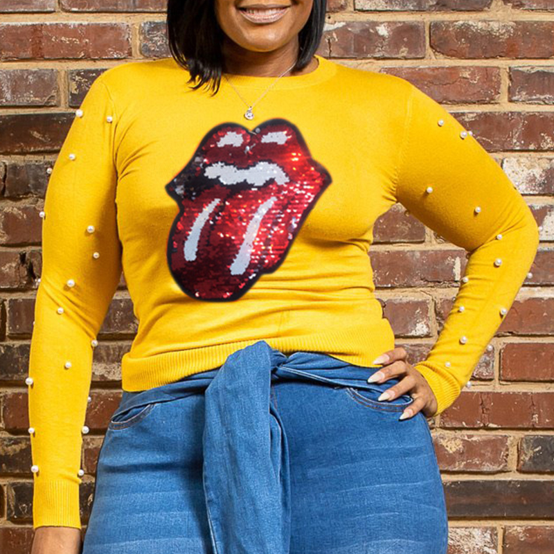 

Lovely Casual O Neck Lip Yellow Plus Size T-shirt