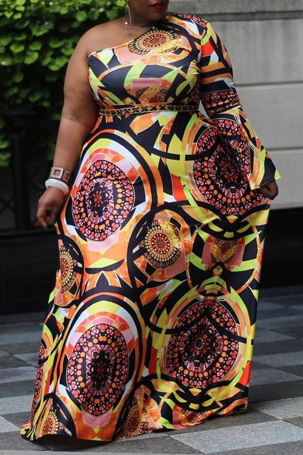 

Lovely Casual One Shoulder Print Multicolor Maxi Plus Size Dress, Multi