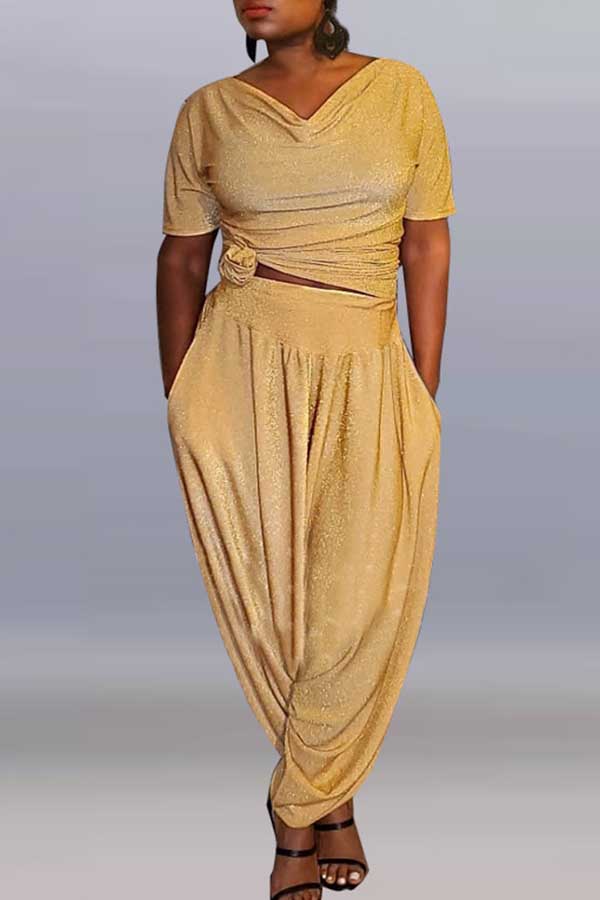 

Lovely Casual V Neck Fold Design Yellow Plus Size Two-piece Pants Set