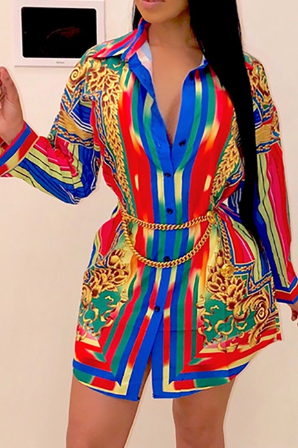 

Lovely Leisure Turndown Collar Print Blue Mini Dress