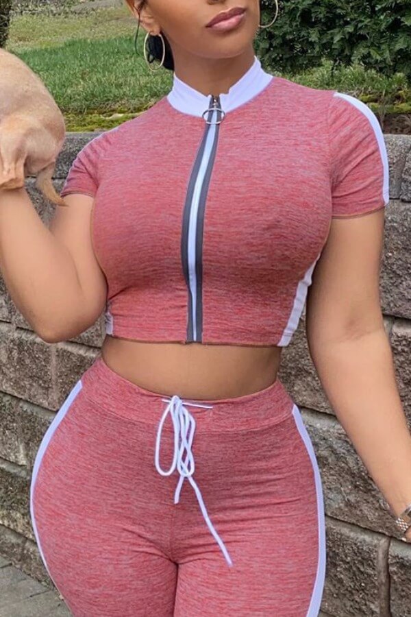 

Lovely Casual Zipper Design Pink Two-piece Pants Set