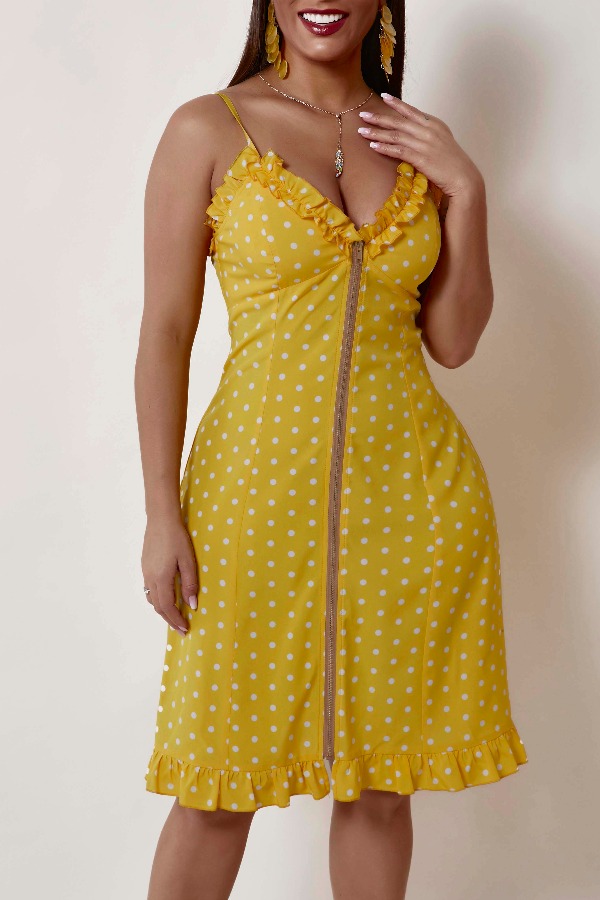 

Lovely Stylish Dot Print Yellow Knee Length Dress