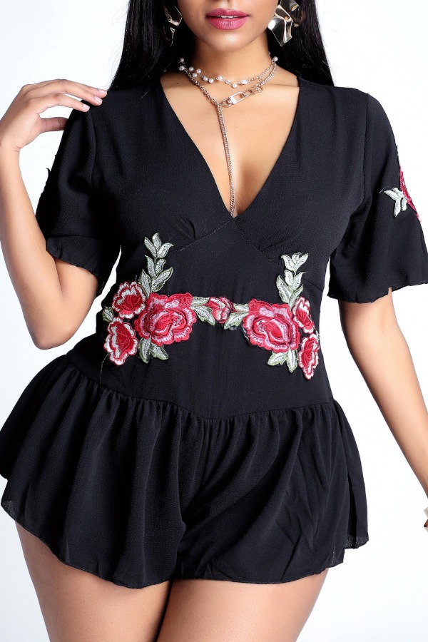 

Lovely Trendy Embroidered Black One-piece Romper