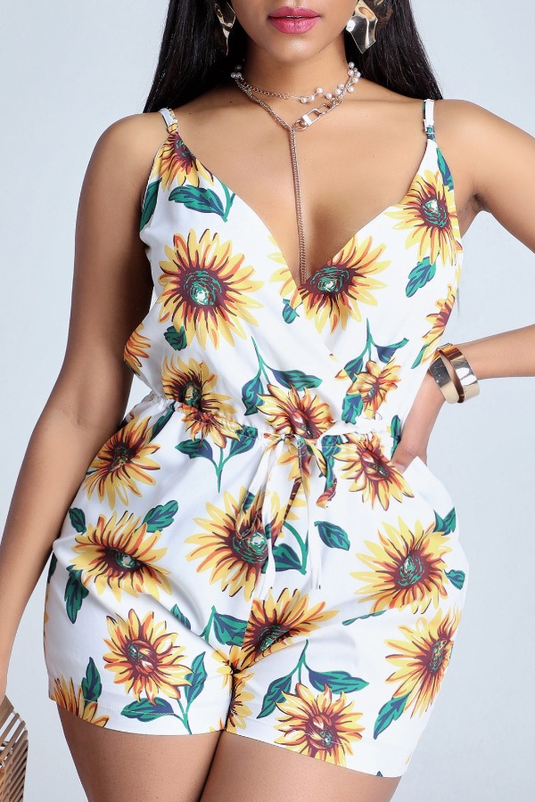 

Lovely Bohemian Sunflower Print White One-piece Romper