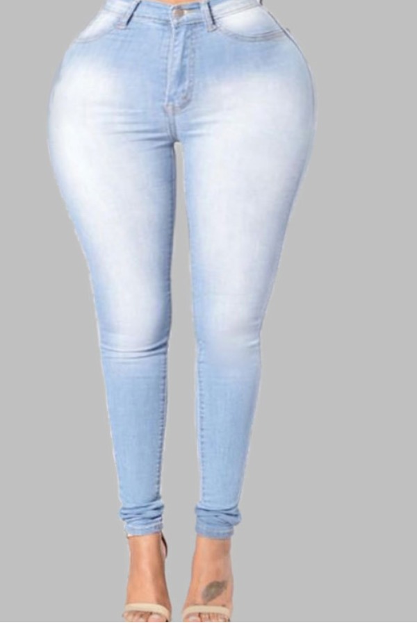 

Lovely Casual Buttons Design Baby Blue Plus Size Jeans